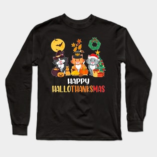 Cat Halloween Christmas Happy Hallothanksmas Hanksgiving Long Sleeve T-Shirt